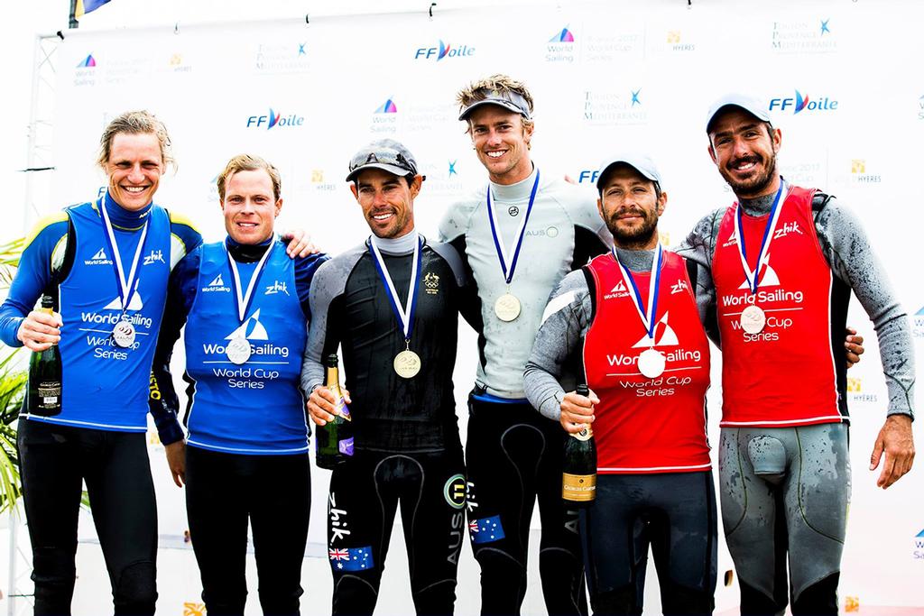 Belcher and Ryan receiving their Gold Medal at the 2017 Hyeres World Cup. © Pedro Martinez / Sailing Energy http://www.sailingenergy.com/